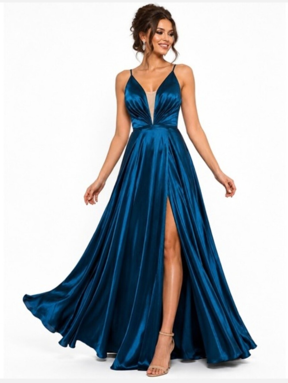 Betsy & Adam Illusion Satin Gown with Lace-Up Back